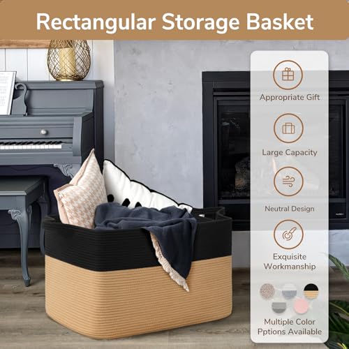 Image of Goodpick 85L Large Woven Rope Blanket Basket, Rectangle, Black & Camel