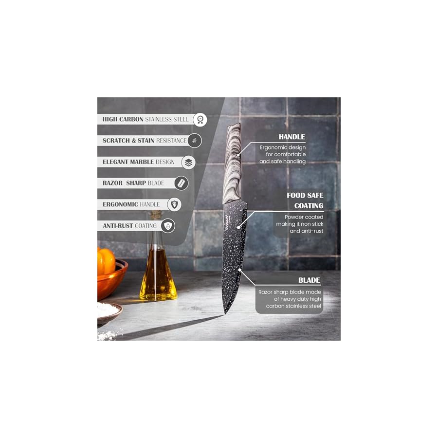 Kitchen-Knife-Block-Set-Granite-5-Piece-Knives-Set-with-Clear-Acrylic-Block-Wood-Affect-Handle-Stainless-Steel-Blades-by-Nuovva Kitchen Knife Block Set - Granite 5 Piece Knives Set with Clear Acrylic Block - Wood Affect Handle - Stainless Steel Blades - by Nuovva