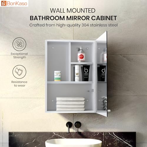 Image of BonKaso Premium Bathroom Cabinet with Mirror | 304 Stainless Steel Mirror Cabinet for Wash Basin & Bathroom Wall | Wall-Mounted Storage with Shelf (14x20 Inch, Chrome Finish)