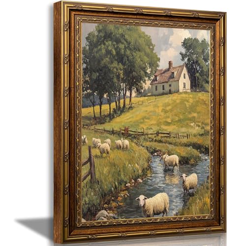 Vintage Gold Framed Wall Art - Sheep Pastoral Landscape Oil Painting Print, Ornate Antique Farmhouse Cottage River Wall Decor, Ready to Hang Rustic Country Art for Living Room Bedroom 9x11in