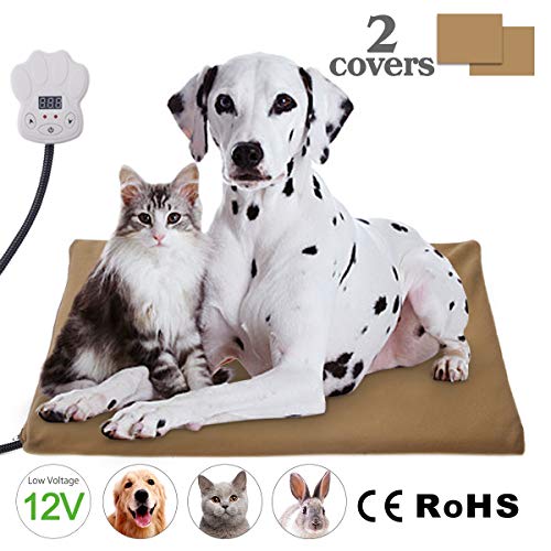 Josechan Tapis Chauffant Chien Basse Tension 12V Coussin Chauffant pour Animaux Réchauffement Mat Température Réglable Chew Résistant en Acier de Corde Imperméable à LEau Couvercle (65 x 40 cm)