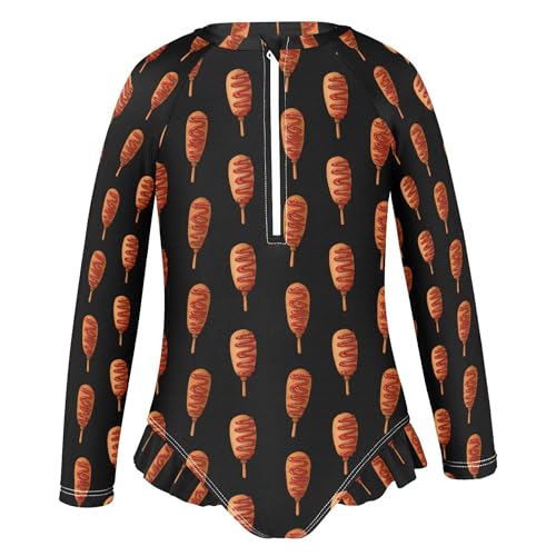 Corn Hot Dog Stick Girls Long Sleeve Rashguard Swimsuit UV Protection One-Piece Swimwear Bathing Suit B04047322