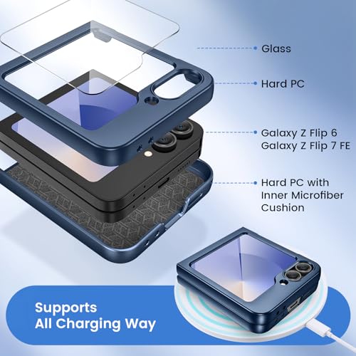 Image of Ruky for Galaxy Z Flip 6 Case, with Built-in Screen Protector, Dark Blue | Hard PC Ultra Slim Anti-Scratches Wireless Charging, HD Clearly Shockproof Phone Case for Samsung Galaxy Z Flip 6, Dark Blue