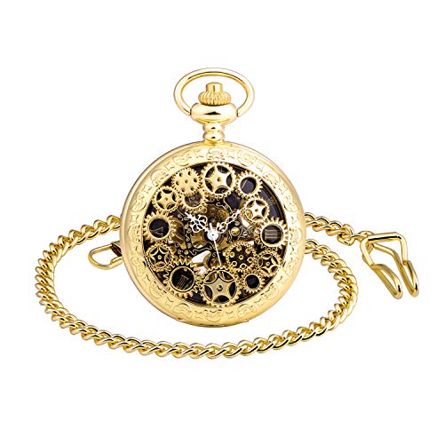 MICGIGI - Reloj de bolsillo mecánico unisex con diseño de esqueleto punk con cadena (dorado) Cover