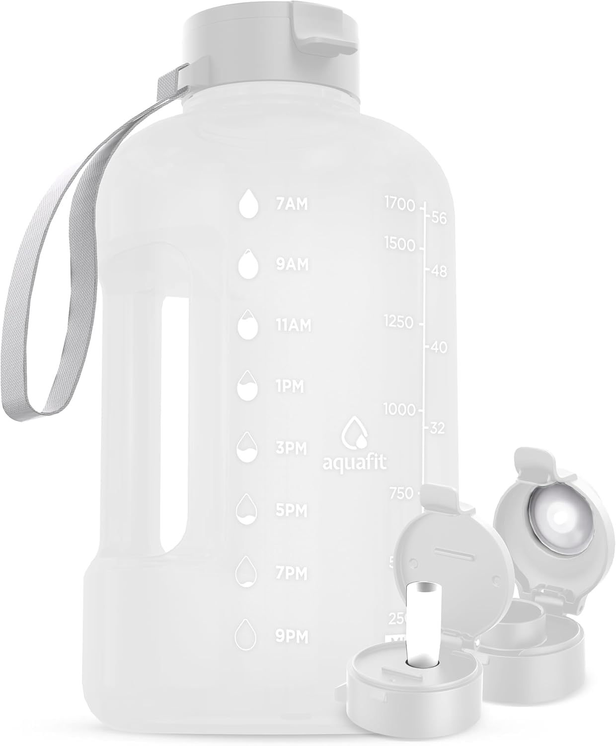AQUAFIT Half Gallon Water Bottle with Time Marker | BPA Free Half Gallon Water Bottle with Straw and Chug Lids - Leakproof Gym Water Bottle with Carry Handle (Frosty)