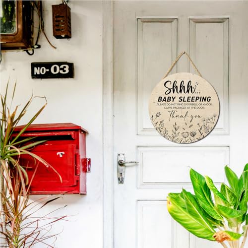 Image of Gwisml Baby Sleeping Sign for Front Door,Please Do Not Knock Or Ring Doorbell Wood Sign,No Soliciting Sleeping Baby Wood sign for House Nursery Door Knob Decor 2