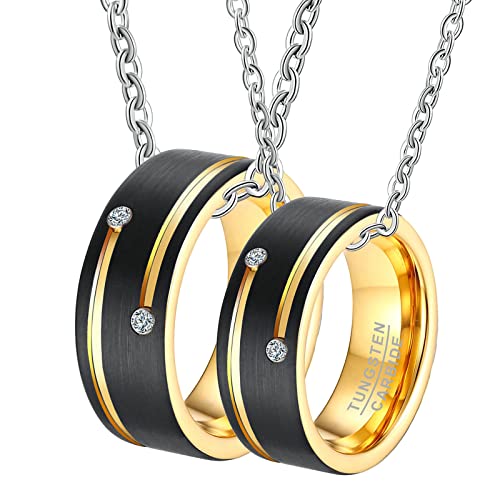 Ayoiow Collar de pareja de novios, collar de tungsteno para hombre, anillo de alambre negro revestido de circonio colgante con collar