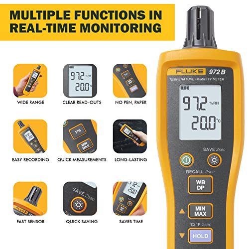 Image of Fluke 972B Digital Temperature Humidity Meter, (Thermo-Hygro Meter) with Dew Point & Wet-Bulb Measurement Backlit LCD Display 99 Memory Storage Min-Max-Data Hold with 1 Year Replacement Warranty