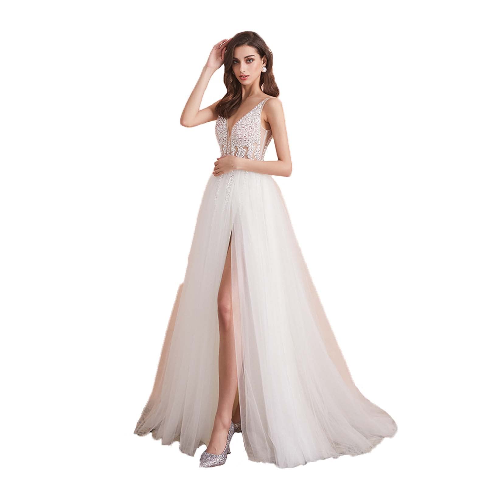 Vestido de Novia de Encaje de Playa, Vestido de Novia de Calcomanía con Cuello V Y Vestido de Novia de Dama de Honor, Blanco, 14
