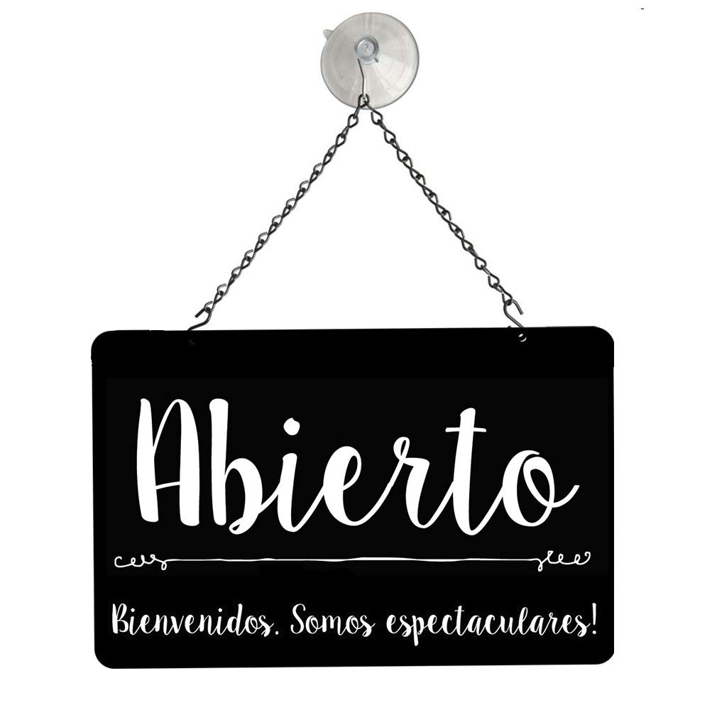 NAHANCO NMSKABSE Spanish Come In We're Awesome Open/Closed Metal Hanging Sign Kit, 12”W x 8”H, Black/White