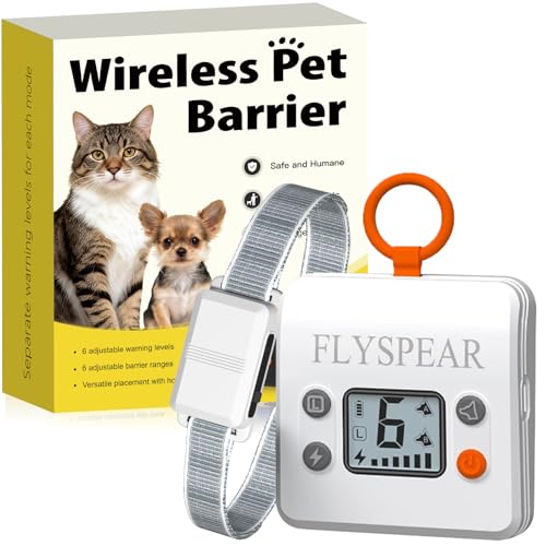 FLYSPEAR Barrera inalámbrica para gatos, barrera recargable para interiores con 6 radios de rango ajustables de hasta 7 pies, 6 intensidades estáticas seguras ajustables, sistema de valla eléctrica