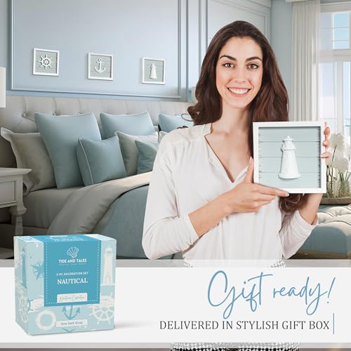 TideAndTales 3D Nautical Wall Decor (7"x7"), Coastal Theme Home Decorations with Anchor, Lighthouse and Ship Wheel, Rustic Ocean Inspired Bathroom Decor - Nautical Gifts - Framed Set of 3 - Image 5