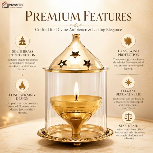 Image of Akhand Jyot Brass Diya - Traditional Akhanda Deepam with Oil Chamber & Protective Glass Cover - Long-Lasting Brass Diya for Puja & Festival Decor(Medium)