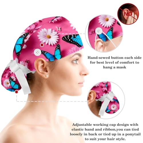 Image of Butterfly Scrub Cap Women with Ponytail & Buttons Adjustable Surgical Nurse Hat with Cotton Sweatband for Long Hair