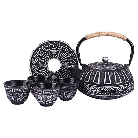 COOGOU Cast Iron Teapot Set Japanese Style Tea Kettle with Infuser, Enameled Interior Cast Iron Tea Pot with 4 Teacup for Stove Top, Handmade Gift for Friend (28 Ounce, Black) Cover