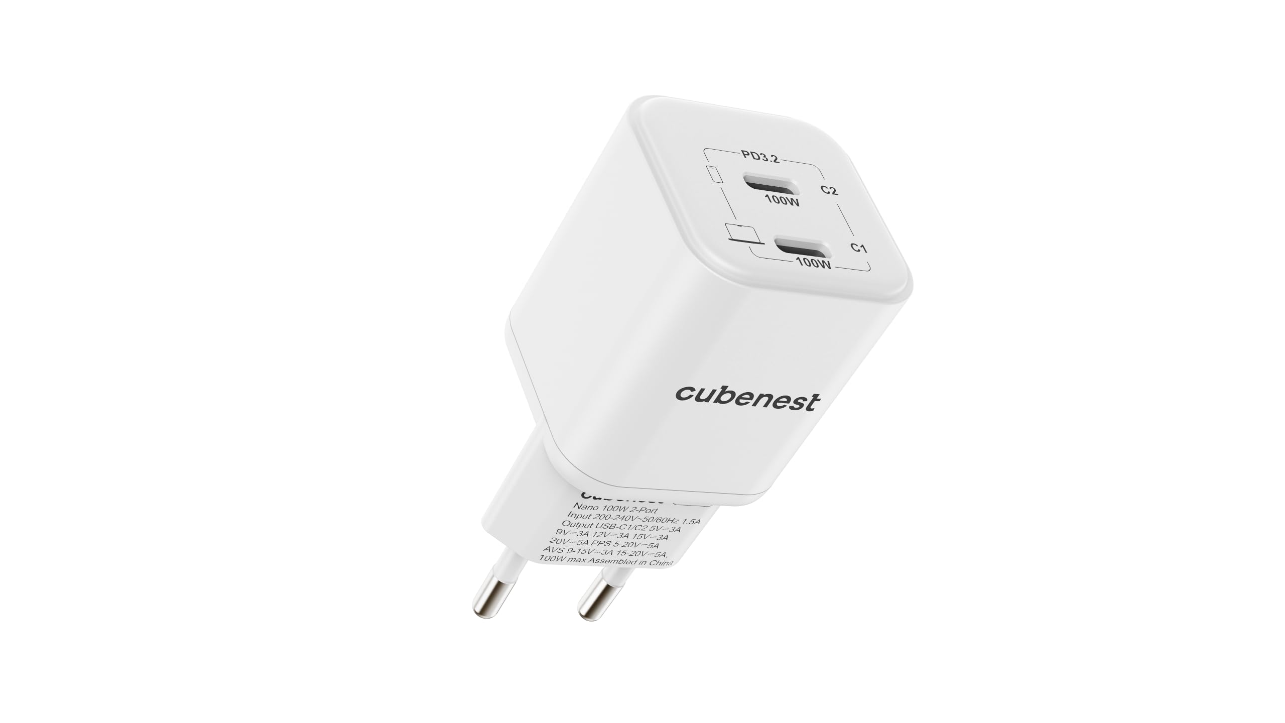 Cubenest N2D100 PD GaN Nano USB-C - Fuente de alimentación (100 W, 2 puertos USB-C, enchufe europeo), color blanco