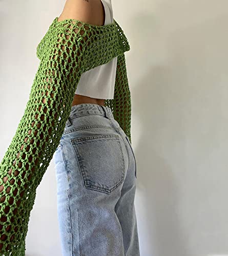 Aimiray Camiseta corta de ganchillo de malla sexy para mujer, con huecos, para playa, transparente, de manga larga, Y2K, Verde, L