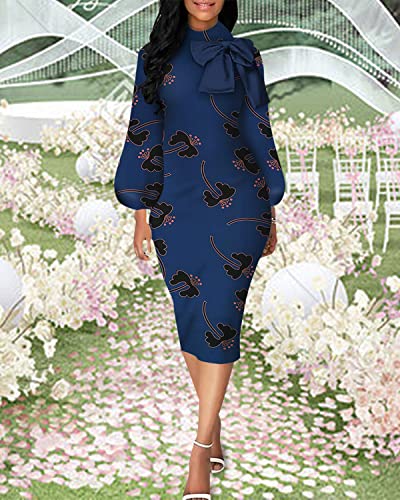 Image of Sexy Long Sleeve Dress for Women Solid Color Bow Knot Turtleneck Formal Gown Midi Casual Church Dresses