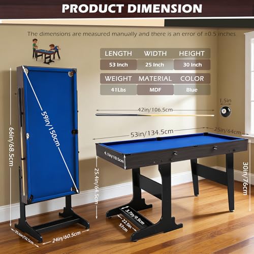 Image of 53 Inch Folding Pool Table with Built-in Ball Storage and Cue Clips, Freestanding Billiard Game Table Set for Family Game Room, Includes Cues, Balls, Chalk and Brush