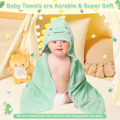 Image of 4 PCS Hooded Baby Towels, Soft Baby Towel, Absorbent Baby Bath Towel, Baby Towels and 3 PCS Baby Washcloths for Newborns, Toddlers, and Kids, 32x32 in Baby Towel with Hood for Boy and Girl (Dinosaur)