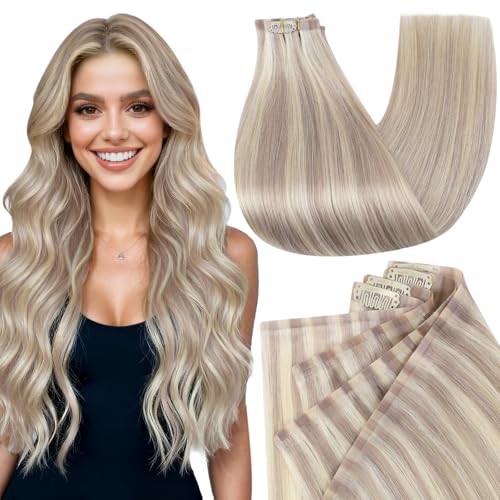 Image of Full Shine Clip in Hair Extensions 24 inch 160g 8 Pcs, Ash Blonde | Real Human Hair, Invisible PU Skin Weft, Thick Ends, Full Head Coverage, Adds Length & Volume, Bridal Styling, Heat Friendly