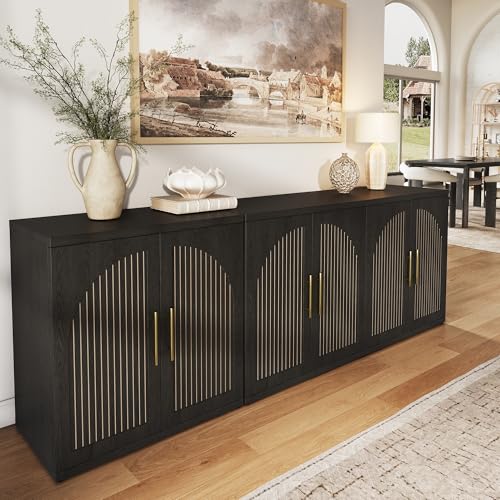 Image of MapleGrace 63 inch Fluted Buffet Cabinet with Storage, Modern Symmetrical Arched Sideboard Credenza with Adjustable Shelf, Elegant Wood Console Table for Dining Room, Kitchen, Living Room(Black)