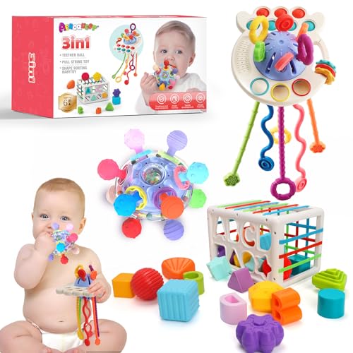 3 in 1 Montessori Toys for Baby 0-3-6-9-12 Months, Pull String Baby Teething Toys, Color Shape Sensory, Montessori Toys Baby Teether, Developmental Toys for Toddler, Gift for Baby Toys 6-12-18 Months