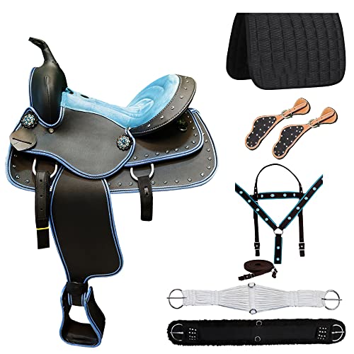 Supreme Saddlery Classic Quality Western Synthetic Comfort Barrel Racing Trail Tack Equestrian Horse Saddle All Accessories Included (17. Inches, Blue_01) #TOP7