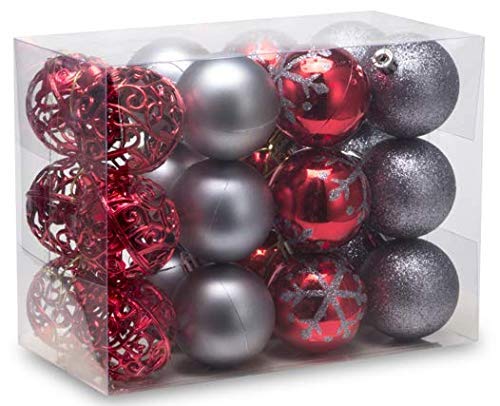 AUXO-FUN 2.36"/60mm shatterproof Christmas Ball Ornaments Tree Decoration Baubles Set of 24 Counts (red & Grey)