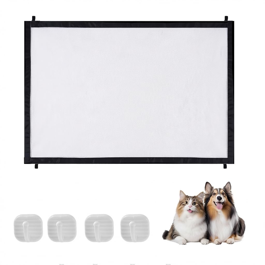 Barrera para Perros 110 x 72 cm Puerta de Seguridad para Mascotas y Bebes Portátiles Barrera de Seguridad Escaleras para Niños con 4 Ganchos Fuertes