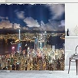 Ambesonne Cityscape Shower Curtain, Night View Hong Kong Victoria Harbor Business Financial District Cityscape Print, Cloth Fabric Bathroom Decor Set with Hooks, 69' W x 75' L, Navy White