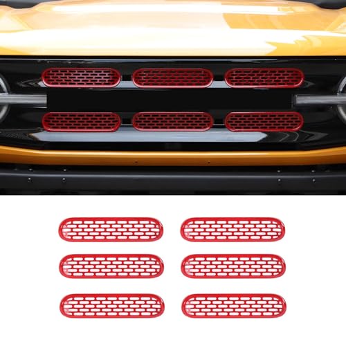 Image of Front Grill Mesh Grille Inserts Cover Frame Trims Kit 6Pcs Fit for Ford Bronco 2021-2025+ 2 /4 Door Exterior Accessories (Red)