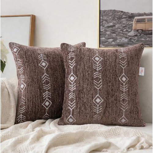 Image of STITCHNEST 'Artisoul Series' Chenille Cushion Cover 16x16 Inch | Beige Arrow Pattern, Soft Premium Fabric, Washable & Fade Resistant | Decorative Living Room Cushion Covers | Set of 2