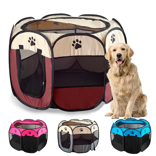 JUPPLIES Parque para Perros Plegable 86x86x58 cm – Corralito Portátil para Mascotas Medianas Ideal para Viajes, Juegos o Descanso en Casa y Exterior – Marrón