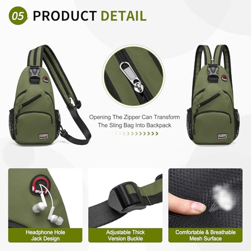 Image of Convertible Sling Bags for Women Men, Lightweight Crossbody Backpack Daypack Fit for 7.9 inch Tablet for Casual Travel Sport Hiking (Dark Green)