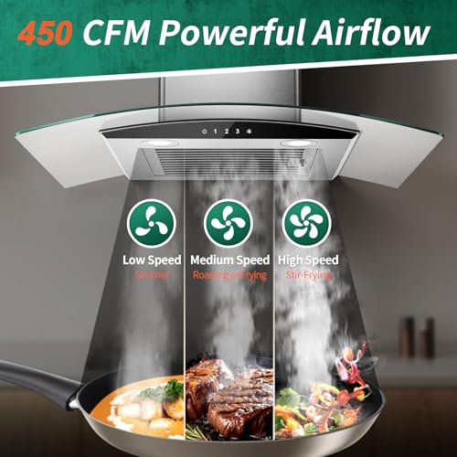 Image of Tieasy Range Hood 30 Inch, 450 CFM Wall Mount Kitchen Hood with Ducted /Ductless Convertible Stainless Steel Filter Range Hoods 3-Speed Touch Control LED Lights