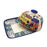 Gall&Zick Butterdose mit Deckel, Butterdose Keramik Bunt Handbemalt, Butterglocke handgefertigt aus Keramik, für ein normales 250g Stück Butter, spülmaschinenfest (Village)