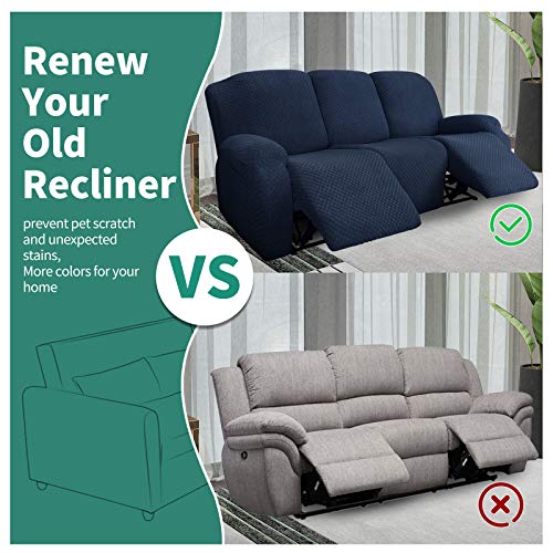 Image of YEMYHOM 8 Pieces Stretch Recliner Sofa Cover Jacquard Reclining Couch Cover with Side Pocket Anti-Slip Fitted 3 Cushion Furniture Slipcovers with Elastic Bottom (Large, Navy)