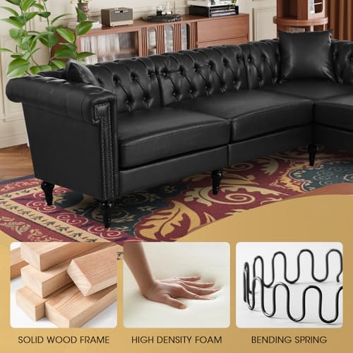 Image of 99.4 Inch 5 Seat L Shaped Couch Faux Leather Sectional Couch with Three Pillows Chesterfield L Shaped Sofa PU Leather Sectional Couches for Living Room Black