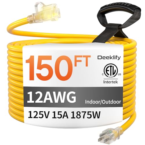 Deeklify 12 Gauge 150FT Heavy Duty Outdoor Extension Cord Waterproof Yellow