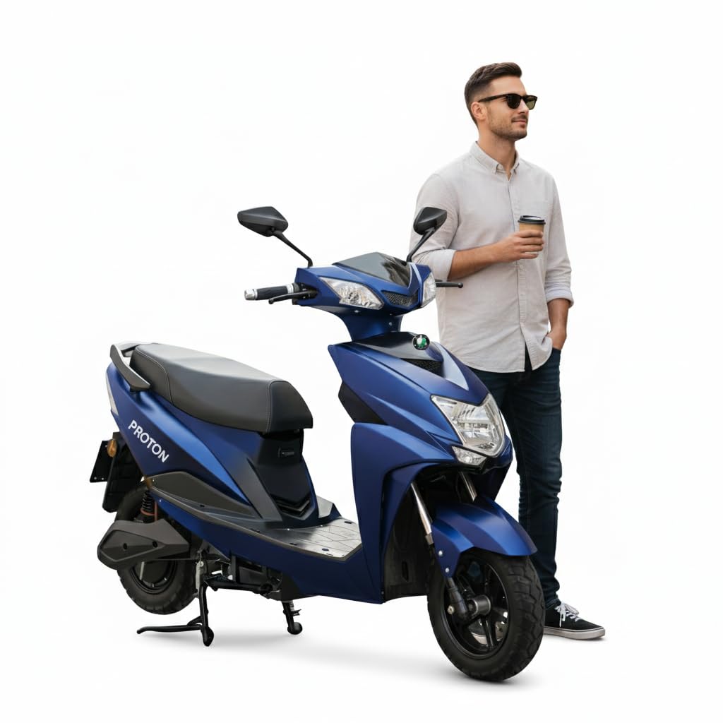 Proton Electric Scooter, Lithium Battery 80-90 km Range per Charge, Tyre Locking System, 3 Gear Control System, Non RTO Electrical Scooty with Alloy Wheels (White)
