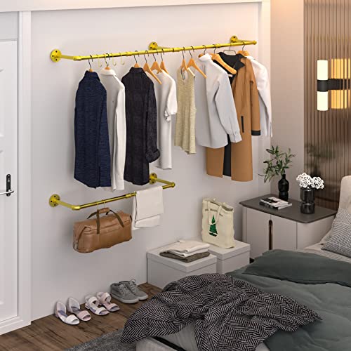 unho Kleiderstange zur Wandmontage, Industrieller Stil Rohr-Kleidergestell an der Wand befestigte, Wandgarderoben für Schlafzimmer Wohnzimmer(3 Basen), Gold