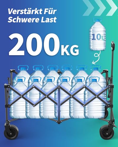 Kitsure 230L Bollerwagen faltbar 200KG Belastbar – Handwagen mit verstellbarem Griff, Offroad-Rädern, Transportwagen für Camping, Garten, Strand & Einkäufe, Schwarz, 115×60×96cm