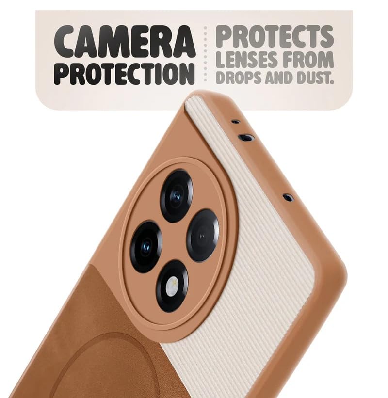 Image of Bintage CASE Mac Safe Design Hard Light Weight Back Case | Soft Border Camera Protect | Dual PU Leather Finish Back Cover Compatible for OnePlus 11R 5G - White & Brown