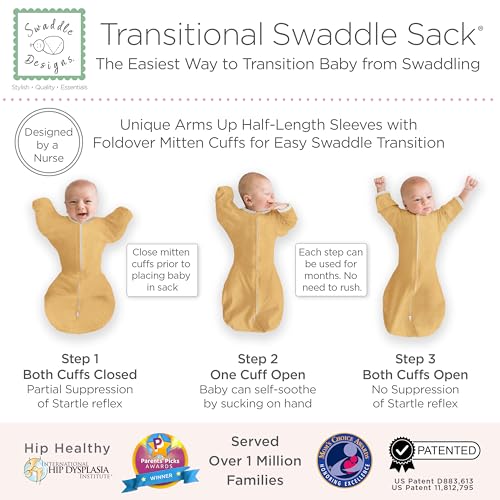 Image of SwaddleDesigns Transitional Swaddle Sack, Arms Up Half-Length Sleeves & Mitten Cuffs, Swaddle for Newborn Transition to Baby Sleep Sack Wearable Blanket, Large, 6-9 Month, 21-24 lb, Heathered Gold