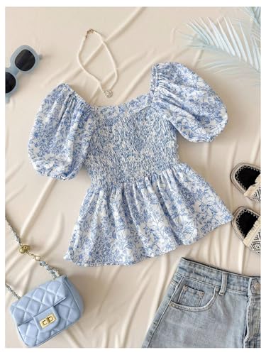 Girl's Floral Puff Short Sleeve Peplum Blouses Ruffle Hem Shirred Babydoll Shirts2