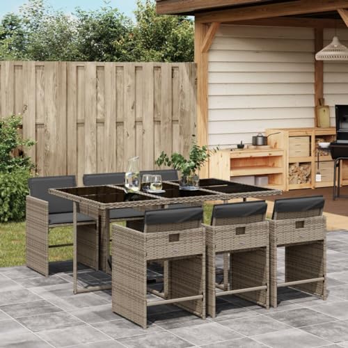 Image of 6-Piece Gray Poly Rattan Patio Dining Set with Tempered Glass Table and Foldable Chairs for Outdoor Entertaining, Weather-Resistant Furniture with Removable Cushions