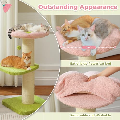 PEQULTI 36'' Cat Tree, XL Cat Scratching Post for Large Cats, Cute Cat Tower with Super Thick Scratching Post [Dia=5.5''], Removable Flower Bed, Tall Scratcher for Indoor Cats, Pink