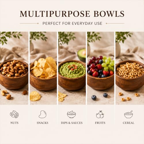 Image of BAUZINI Acacia Wood Bowl Natural Wooden Serving Bowls for Snacks, Dry Fruits, Salad, Fruits & Desserts Handcrafted Food Safe Wooden Bowls Premium Kitchen & Dining Bowl Set (pck of 6)