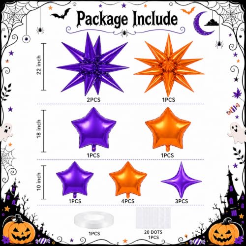 Image of Star Balloons Halloween Balloon Purple Orange Explosion Stars Balloon | 22 /18 /10 In Metallic Orange Purple Spike Stars Foil Balloon for Halloween Ghost Themed Birthday Gradution Party Decorations